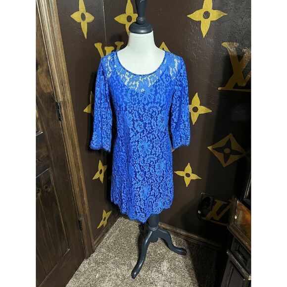 Anthropologie Overture Lace Dress Blue HD Paris Sophisticated Shift Size Small - Picture 3 of 4
